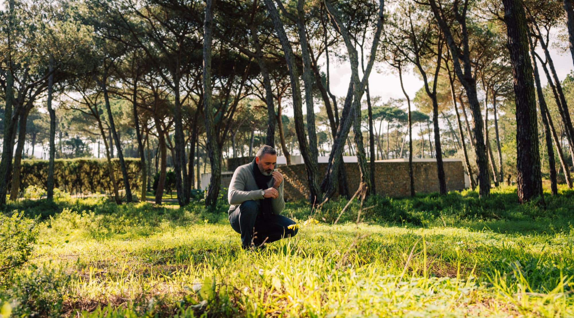 Luis Dias kniet im Pinienwald und riecht an frischen Kräutern
