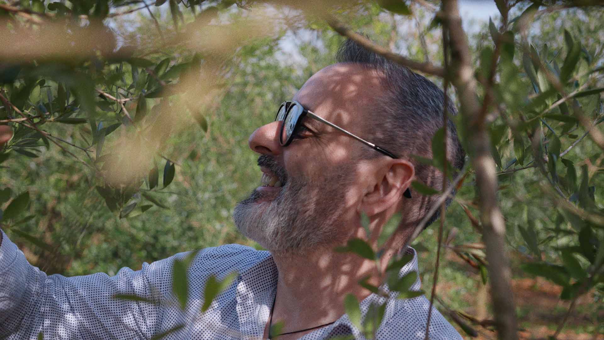 Das Foto zeigt einen fröhlichen Luis Dias ganz nah am Olivenbaum, lachend und mit Sonnenbrille, und vermittelt seine Leidenschaft und Freude für die Herstellung von kaltgepresstem Olivenöl Extra Vergine.